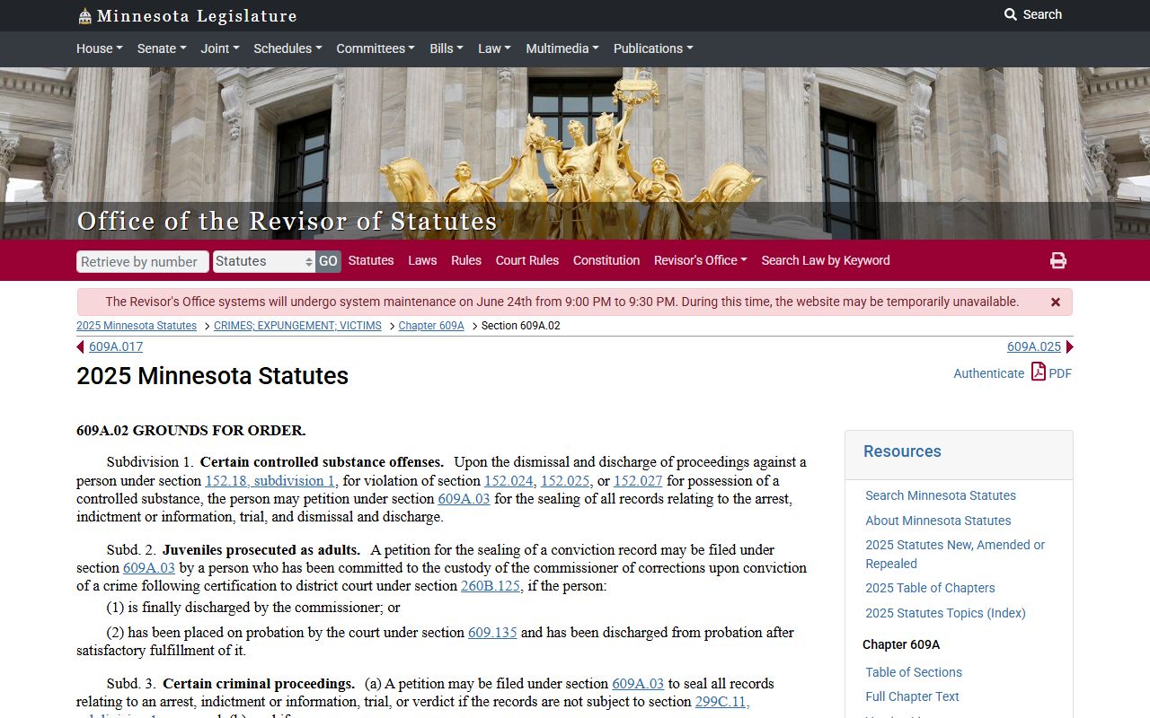 Murray County criminal court records Minnesota expungement eligibility statute