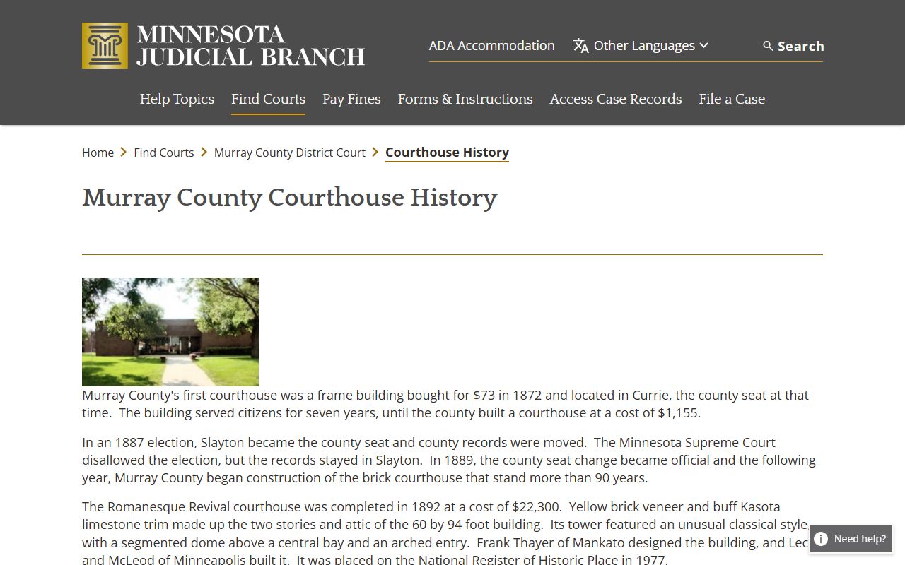 Murray County court records courthouse history page