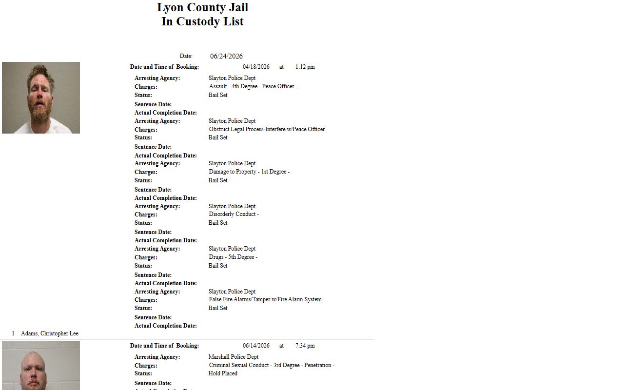Murray County inmate records Lyon County in custody list