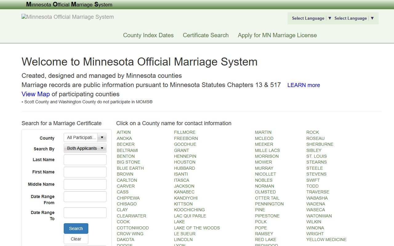 Murray County marriage records Minnesota Official Marriage System