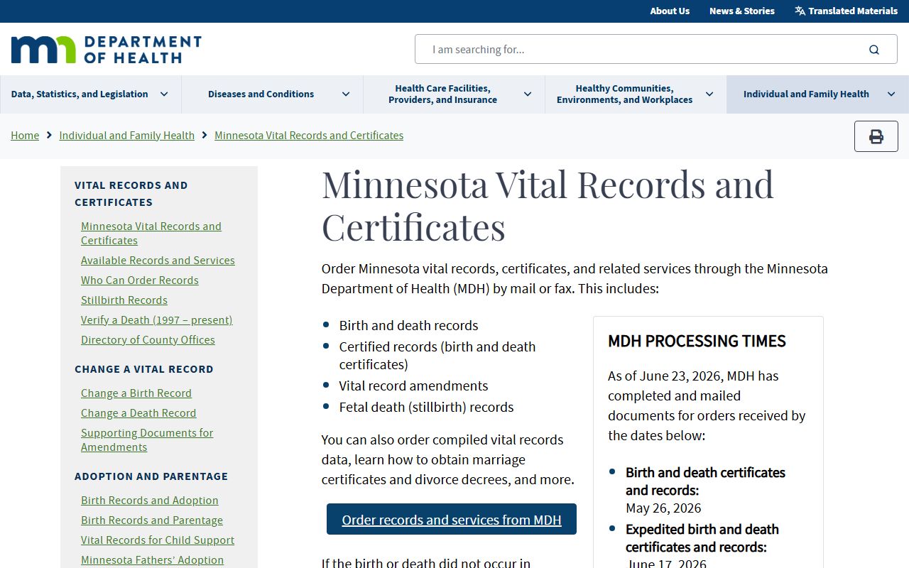 Murray County marriage and divorce records Minnesota Department of Health vital records